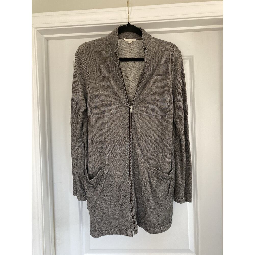 EILEEN FISHER Charcoal Gray Organic Cotton Hemp Microstripe Long Jacket Small